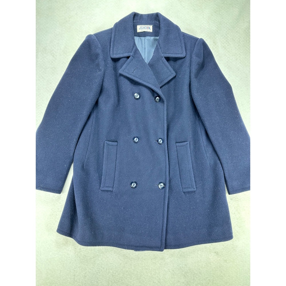 Vintage JG Hook Navy Blue Wool Pea Coat Double Breasted Made in USA ILGWU Tag
